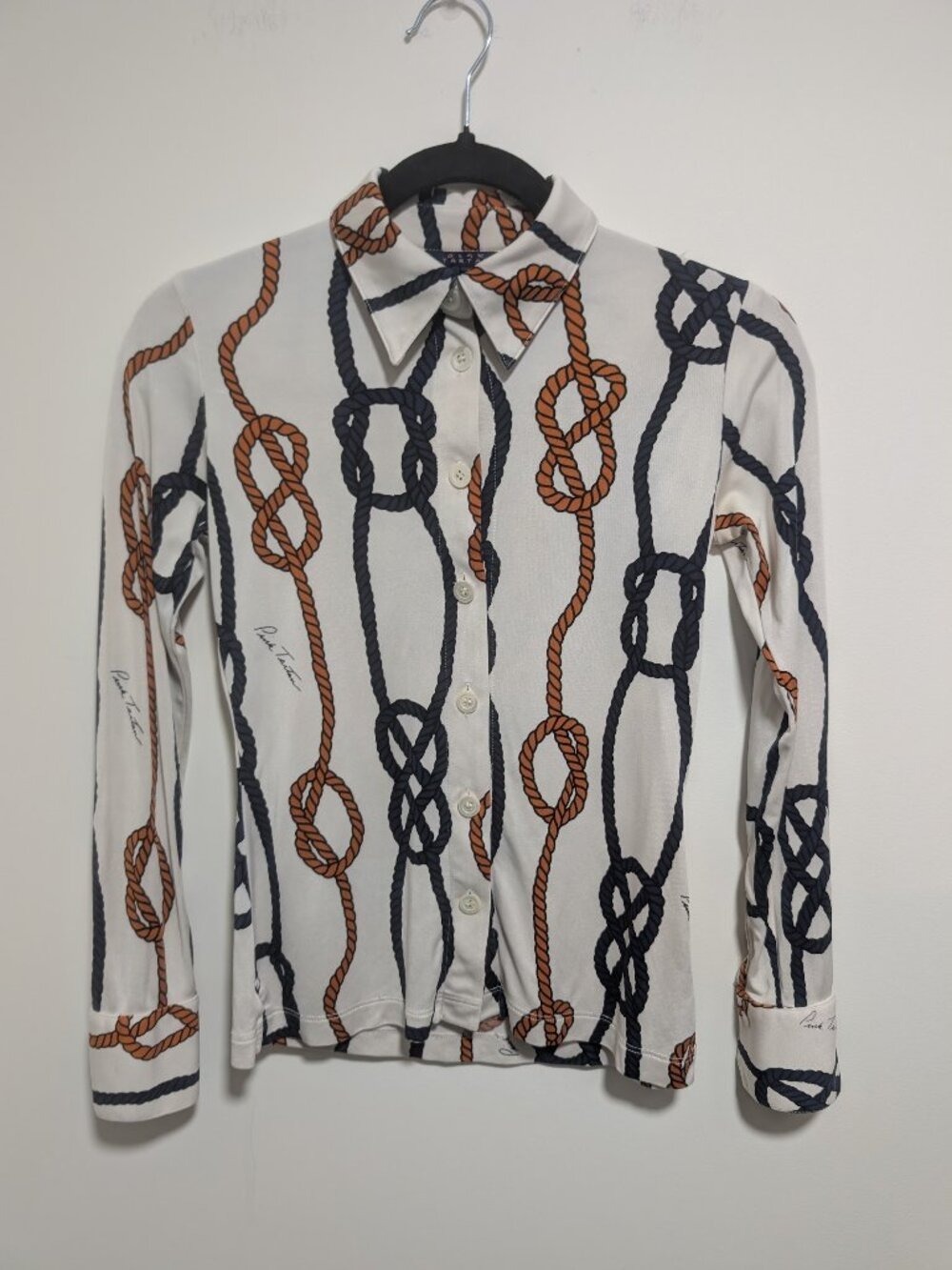 Pink Tartan | Rope Print Collared Button Up Top In Cream